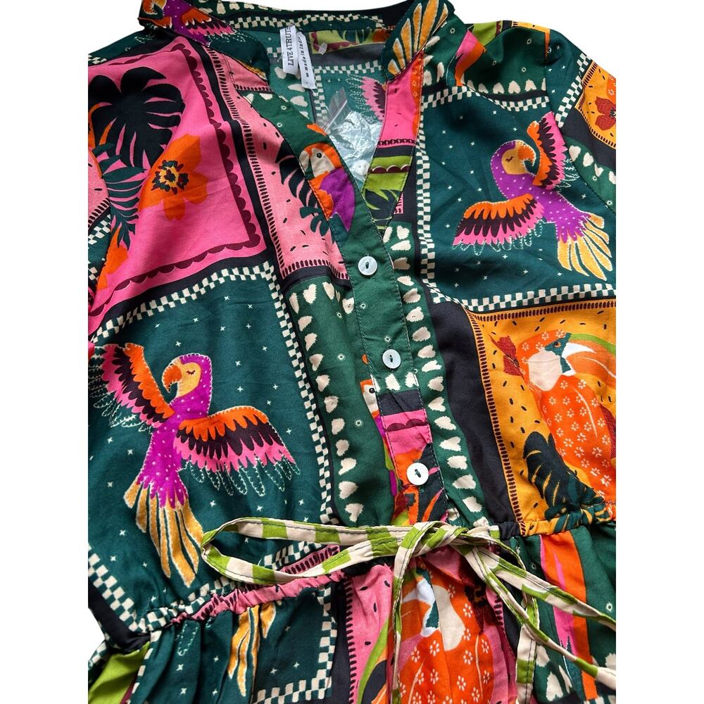 LIVE 4 TRUTH Tropical Boho Parrot Patchwork Mini Dress Size Small NWT - Picture 2 of 4